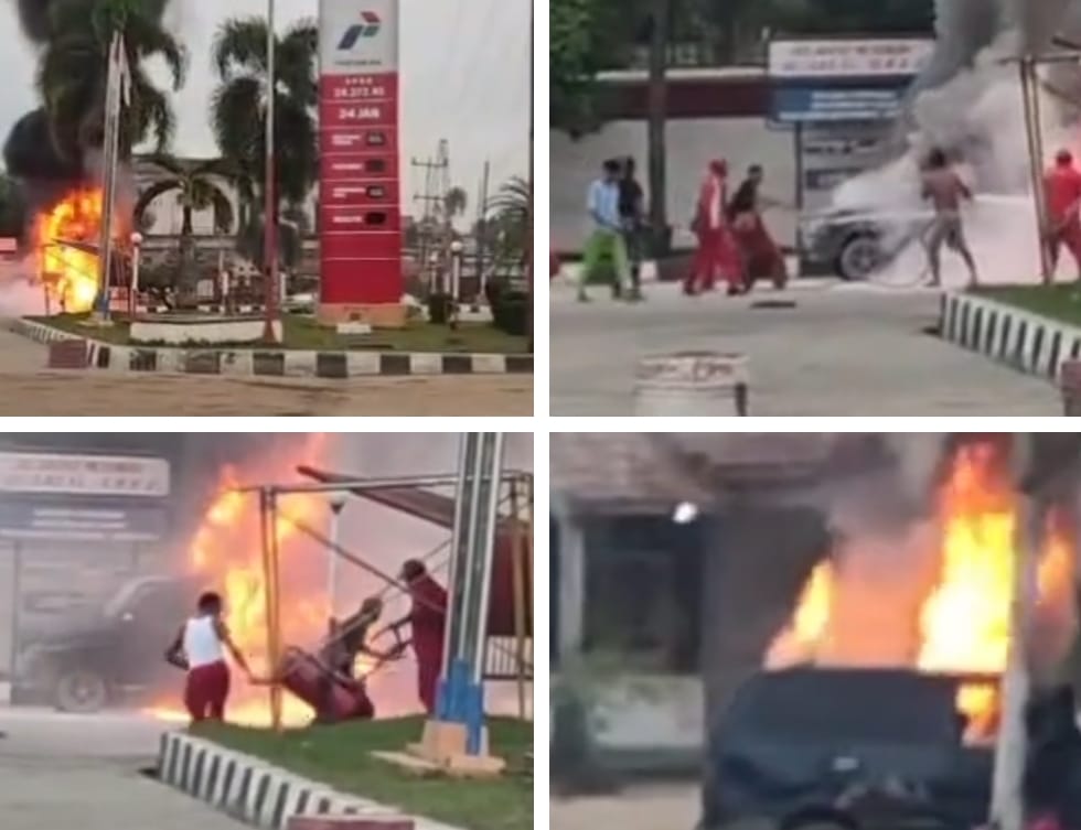 Dua Mobil Pelangsir BBM Bersubsidi Diduga Terbakar di SPBU 24.372.40 Sungai Bengkal