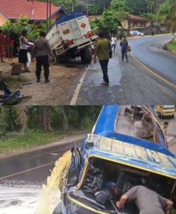 Truk Tangki Angkut Solar Tanpa Pelat Nomor Tabrak Fuso di Mestong, Muatan Tumpah ke Jalan  Muaro Jambi – Kecelakaan